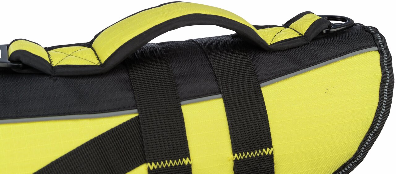 Gelbes TRIXIE-Schwimmweste für Hunde, geeignet für alle Hunderassen. Die Weste bietet optimalen Auftrieb und Sicherheit beim Schwimmen. Aus robustem Material mit verstellbaren Gurten und einem stabilen Griff für einfaches Handling. Perfekt für Outdoor-Akt