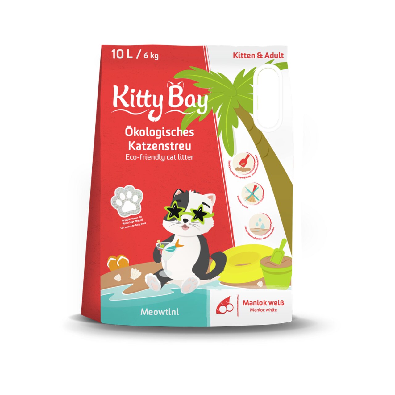 Kitty Bay Ökologisches Katzenstreu Meowtini, für Kitten & Adult, Maniok weiß, 10 L/6 kg, umweltfreundlich und staubarm.
