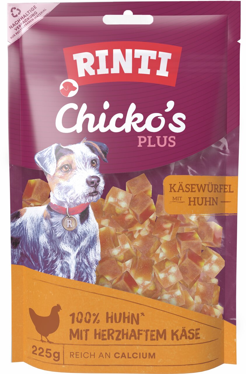 RINTI Chicko's Plus Käsewürfel mit Huhn, Hundesnack, 225g, reich an Calcium, 100% Huhn, Käse, nachhaltige Verpackung.