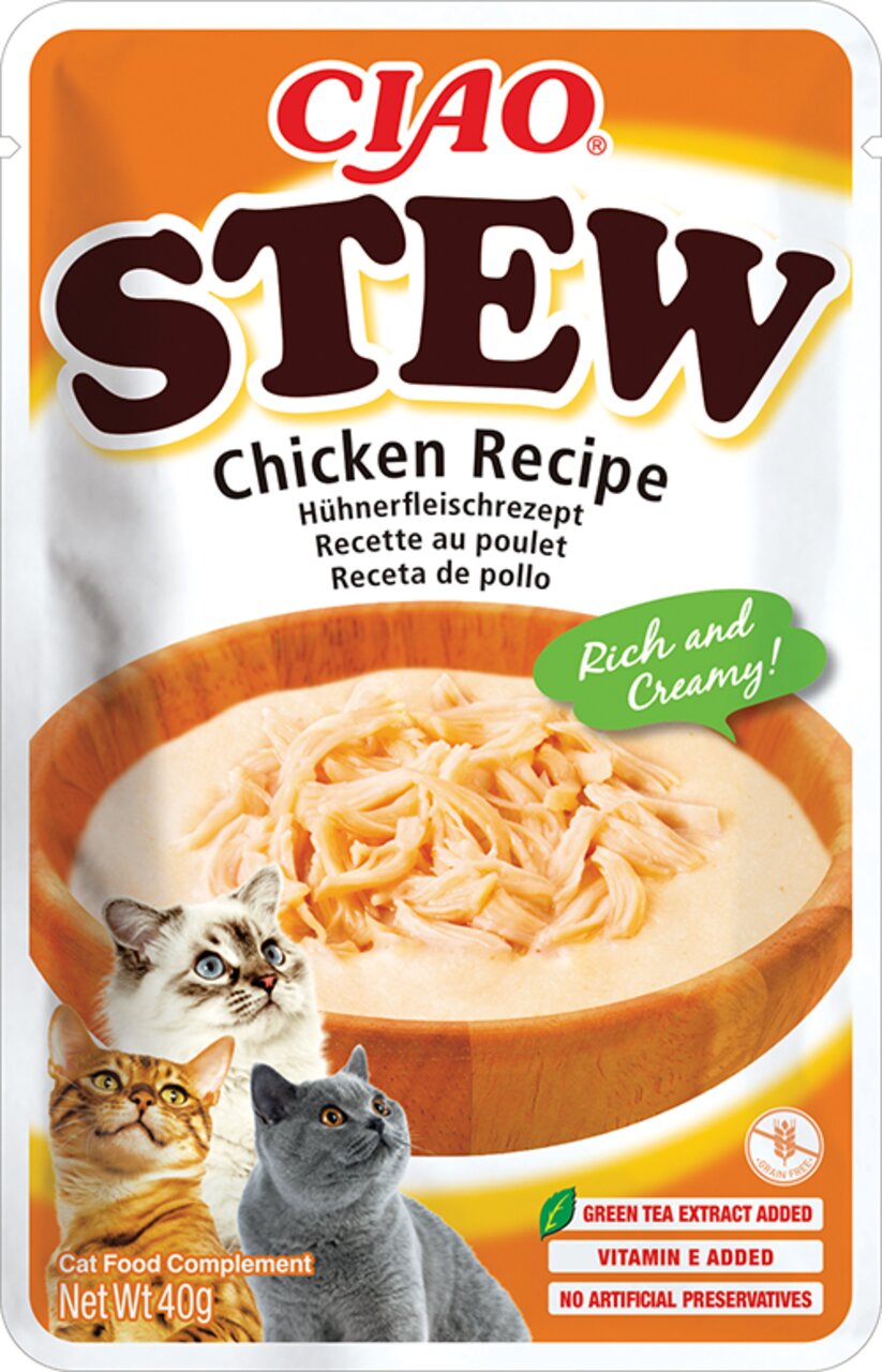 Ciao Stew Hühnerfleischrezept, Katzennahrung, Zielgruppe Katzen, reichhaltig und cremig, 40g, mit grünem Tee-Extrakt.