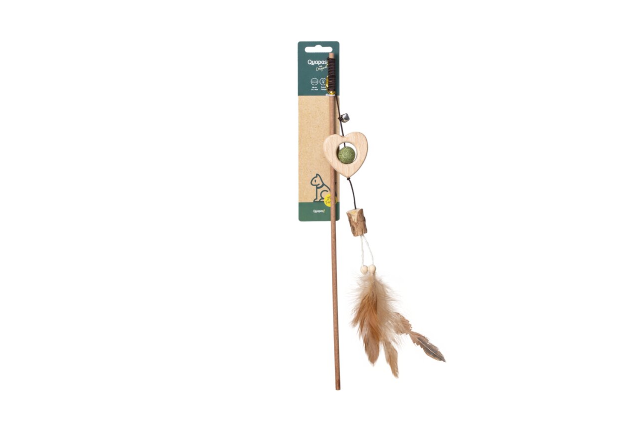 Quapas Katzenspielzeug: Spielangel für Katzen mit Holzstab, Herz, Kugel & Federn. Fördert Bewegung & Interaktion.