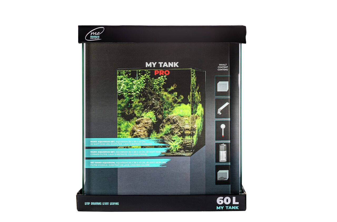 Nano-Aquarium-Set "My Tank Pro" (60 L/38x38x45 cm) von ME. Mit RGB-LED (20 W), Lava-Substrat, Filter, Zubehör. Perfekt für Aquaristik-Einsteiger.