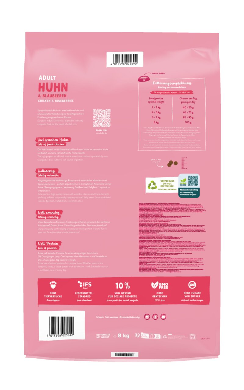 Rosa Verpackung des Katzenfutters „Sanabelle Adult Huhn & Blaubeeren“ für ausgewachsene Katzen. Enthält frisches Huhn, Blaubeeren und ist reich an Proteinen. Ohne Gentechnik, Zuckerzusatz und Tierversuche. Nettogewicht: 8 kg. Unterstützt soziale Projekte 