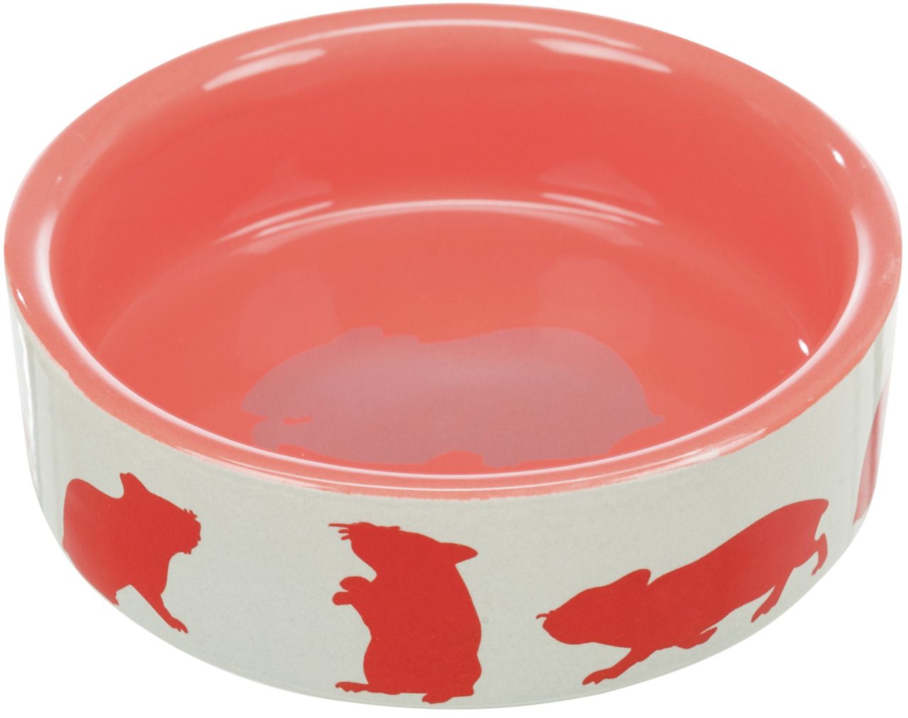 TRIXIE Keramiknapf für Hamster, Meerschweinchen & Kaninchen, creme mit roten Silhouetten, rote Innenseite, robust, leicht zu reinigen.