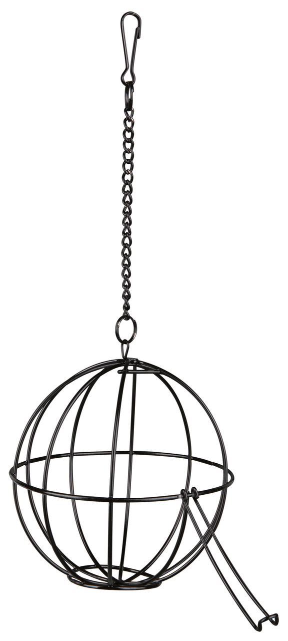 Metall-Futterball von TRIXIE für Kleintiere und Vögel. Zielgruppe: Nager und Vögel. Der schwarze Futterball aus Metall ist an einer Kette mit Haken befestigt und eignet sich ideal zur Befüllung mit Heu, Gemüse oder Snacks. Fördert artgerechte Beschäftigun