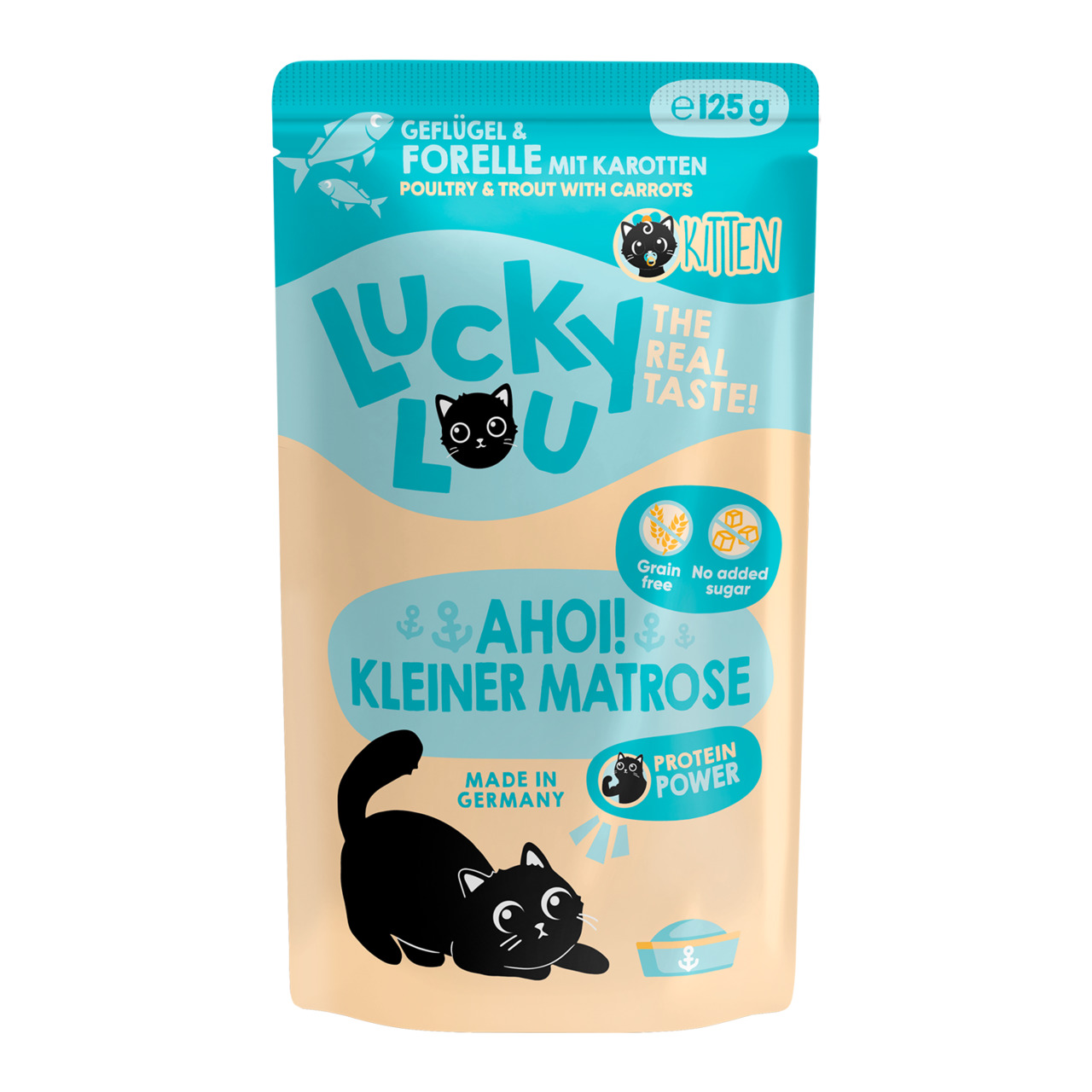 Lucky Lou – Ahoi! Kleiner Matrose, Nassfutter f. Kätzchen, Geflügel/Forelle/Karotten, 125 g, getreidefrei, ohne Zucker, „Protein Power“.
