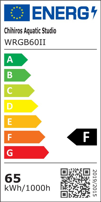 Chihiros WRGB60II LED-Leuchte, Aquarien, Energieklasse F, 65 kWh/1000h, mit QR-Code, ideal für Aquarienbeleuchtung.