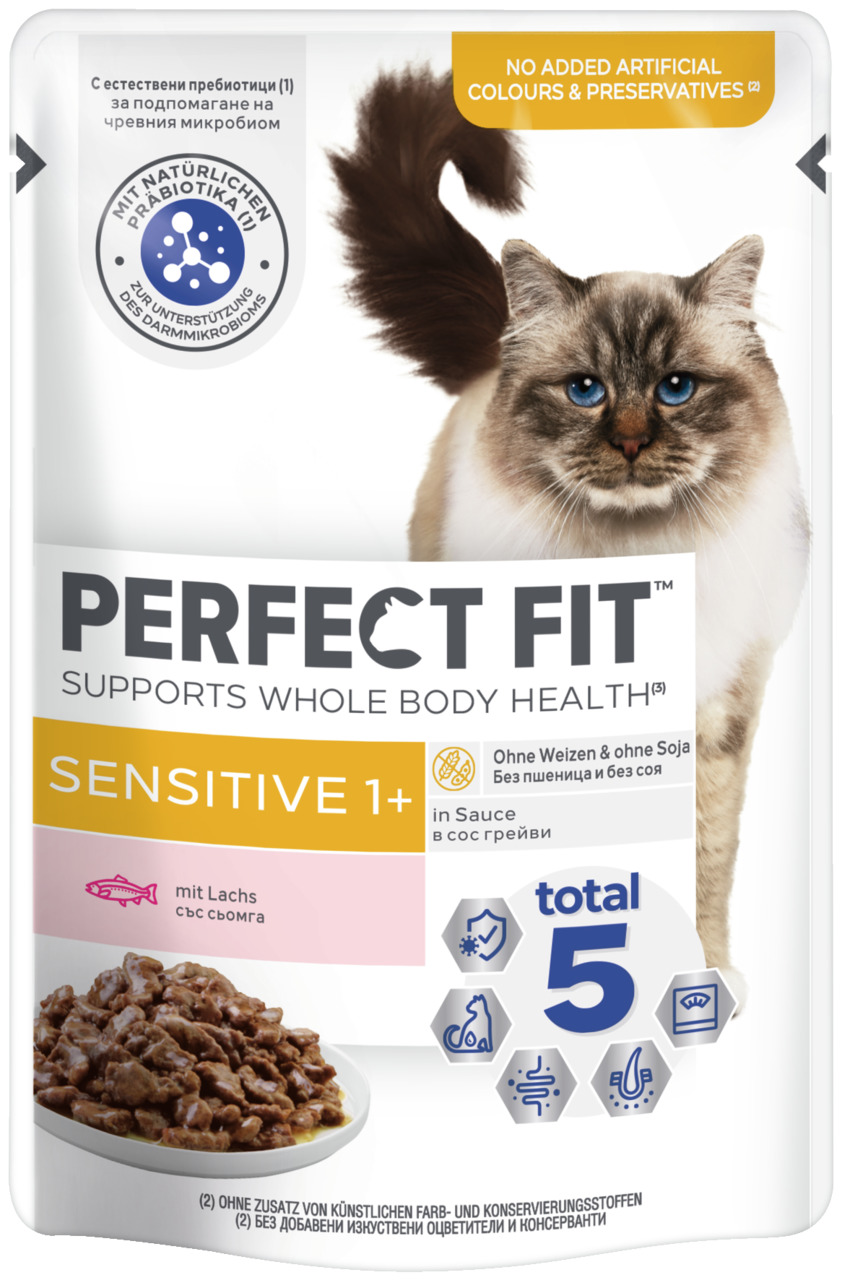 Perfect Fit Sensitive 1+ Katzenfutter, Lachs in Sauce, für Katzen ab 1 Jahr, ohne künstl. Zusätze, „Total 5“-Formel, 85g.