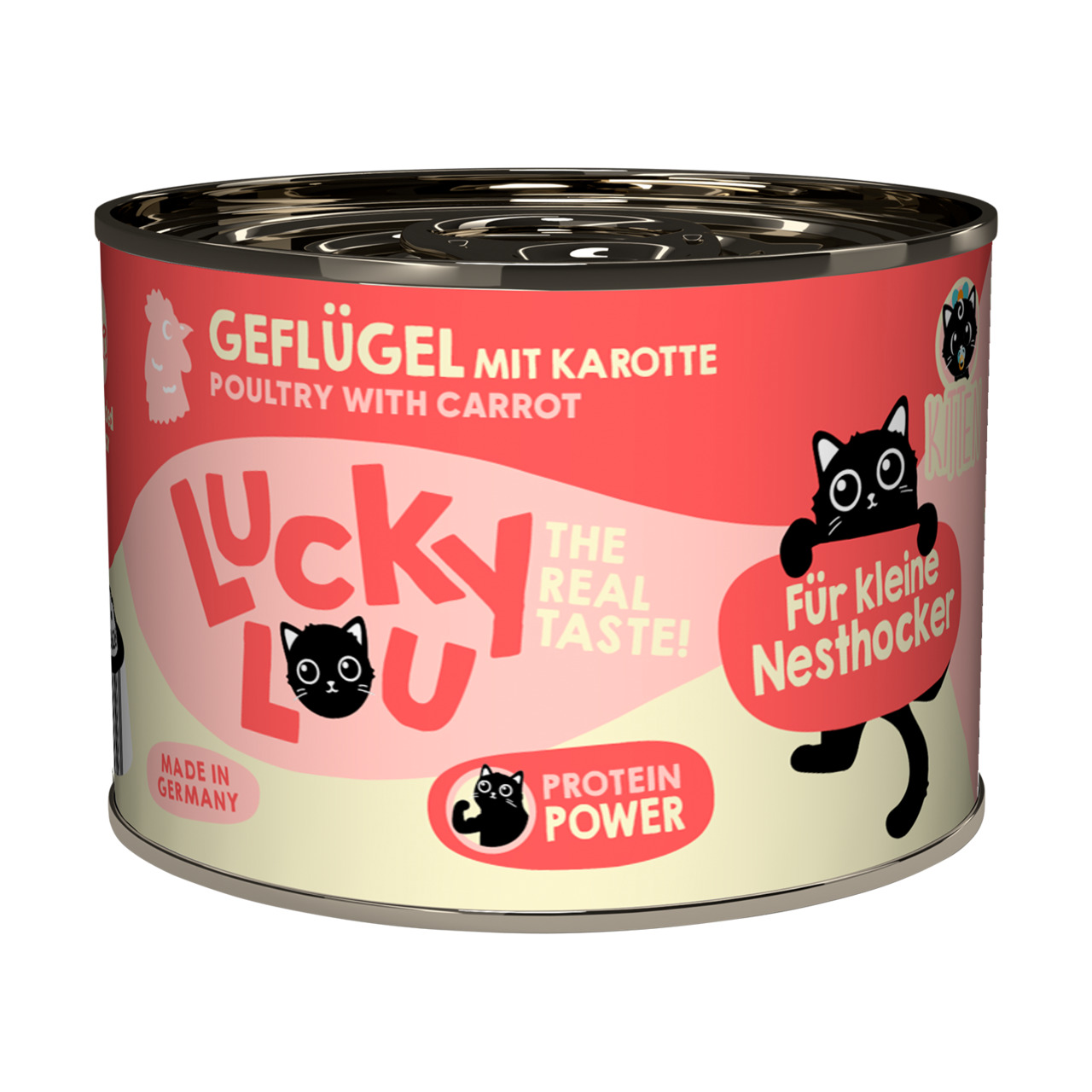 Eine runde Dose Katzenfutter der Marke Lucky Lou mit der Geschmacksrichtung Geflügel und Karotte. Auf der Vorderseite steht „Für kleine Nesthocker“ und „Protein Power“. Die Dose ist rot-beige gestaltet, zeigt ein Katzenmotiv und enthält 200 g. Hergestellt