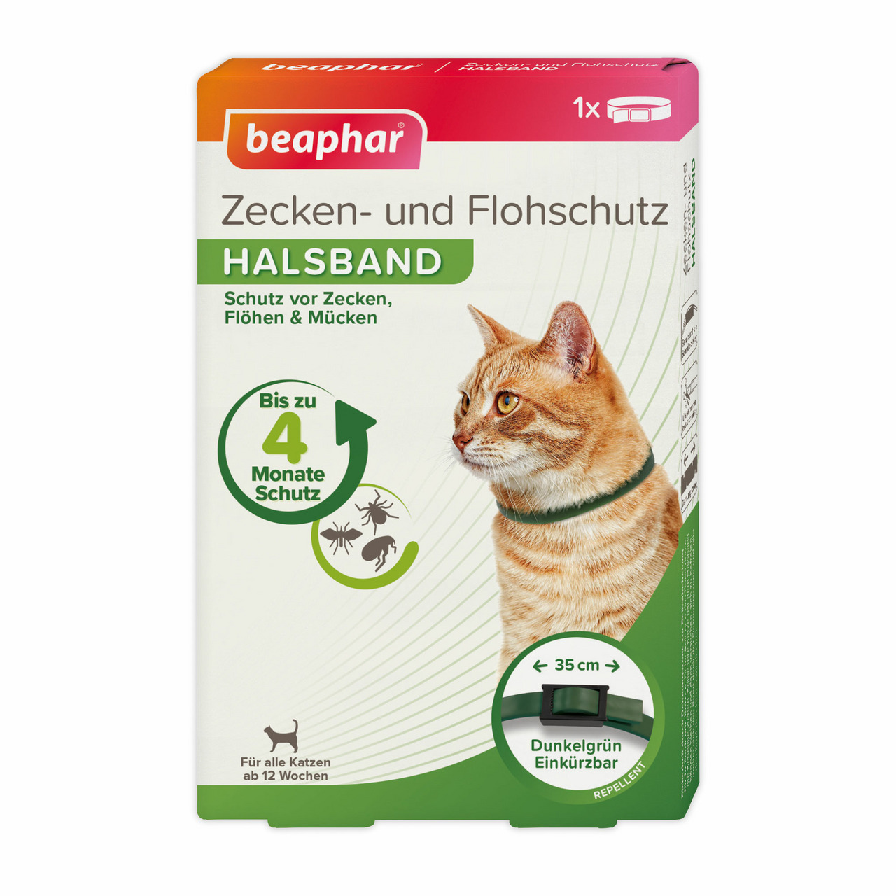 beaphar Zecken- & Flohschutz-Halsband für Katzen, dunkelgrün, 35 cm, Schutz vor Zecken, Flöhen & Mücken bis zu 4 Monate.