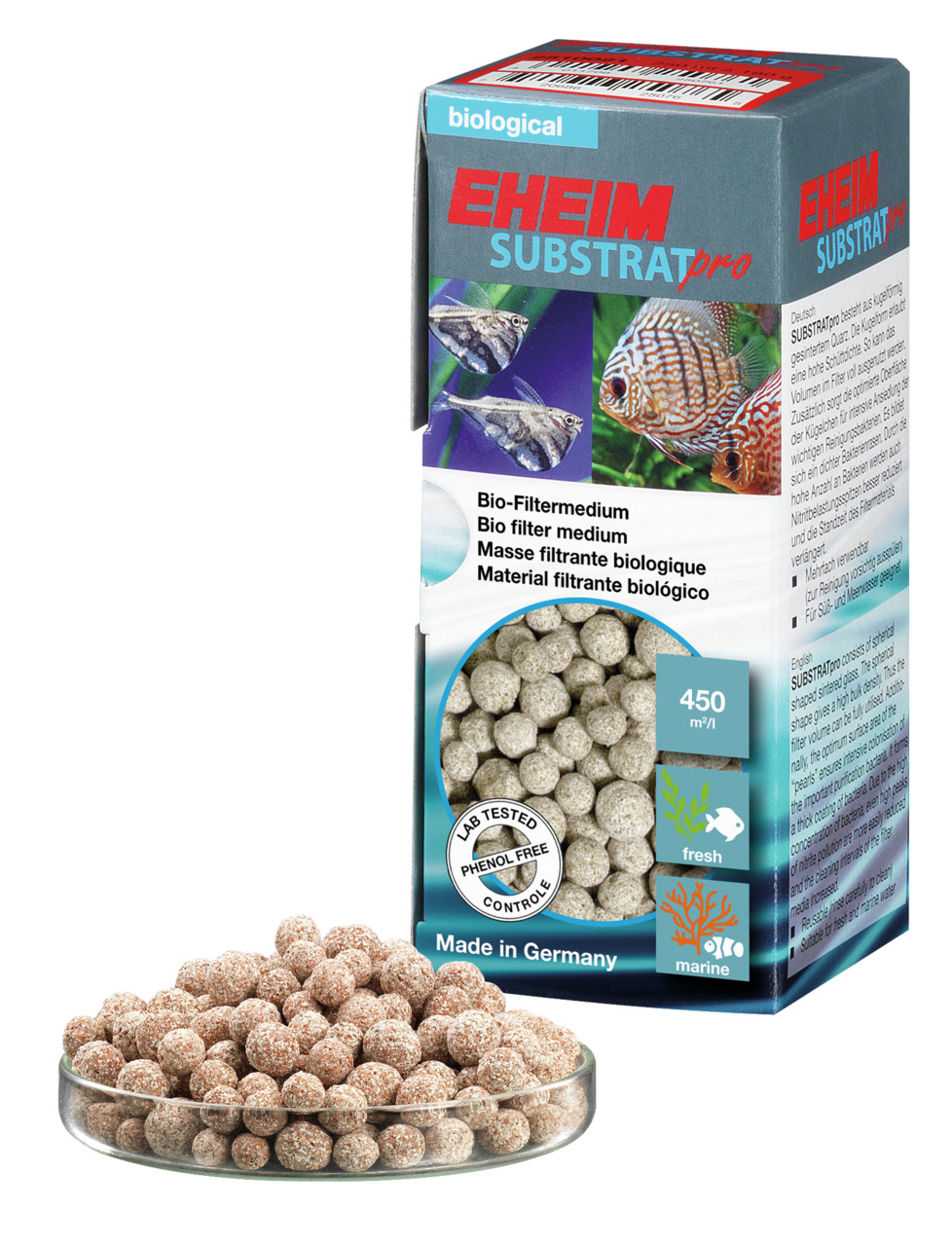 EHEIM SUBSTRATpro, biolog. Filtermedium f. Süß-/Meerwasseraquarien, 450 ml, "Made in Germany", Filterkugeln in Glasschale.