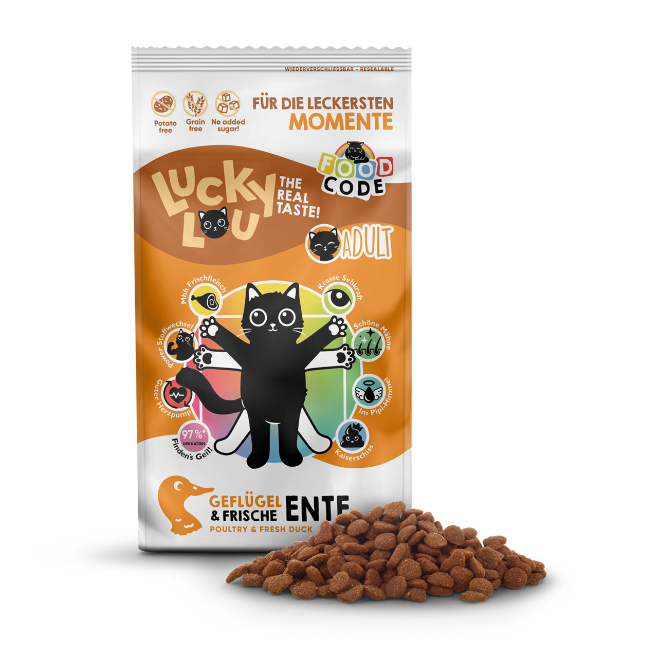 Das Bild zeigt ein Produkt der Marke Lucky Lou aus dem Bereich Tierbedarf. Es handelt sich um ein Futter für Haustiere, speziell für Hunde. Die Geschmacksrichtung ist nicht angegeben. Die Verpackung ist auf dem Bild sichtbar, jedoch ist die genaue Menge n