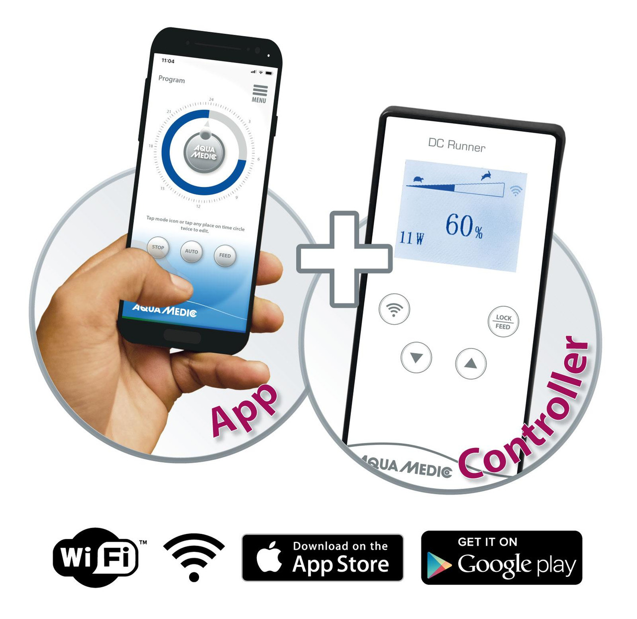 Das Bild zeigt die Steuerungslösung „Aqua Medic DC Runner“ bestehend aus einer App und einem Controller. Die App wird auf einem Smartphone dargestellt und ermöglicht die präzise Steuerung von Aquarienpumpen. Der Controller zeigt eine Leistung von 60 % an.
