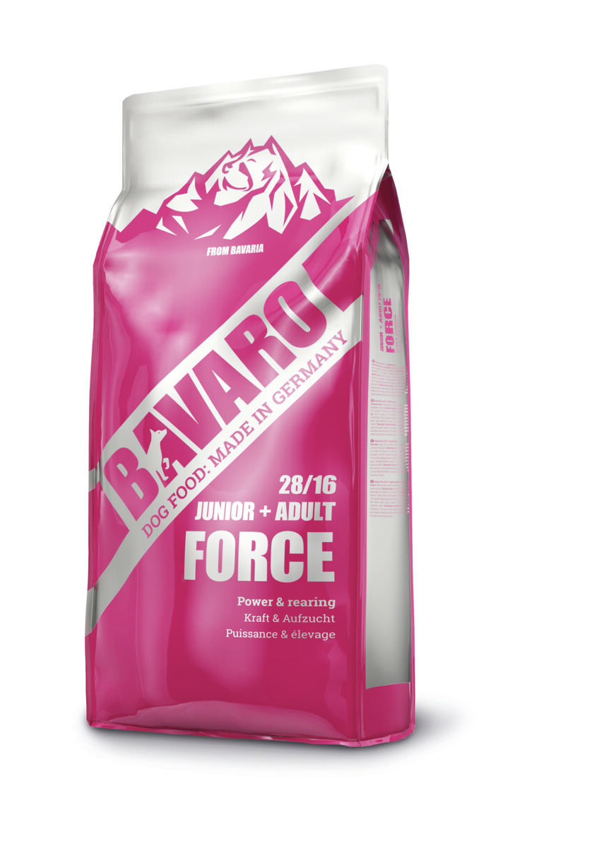 Josera Bavaro Force, Hundefutter f. Junior+ausgew. Hunde, 28-16, "Dog Food: Made in Germany", Kraft+Aufzucht, rosafarbener Sack.