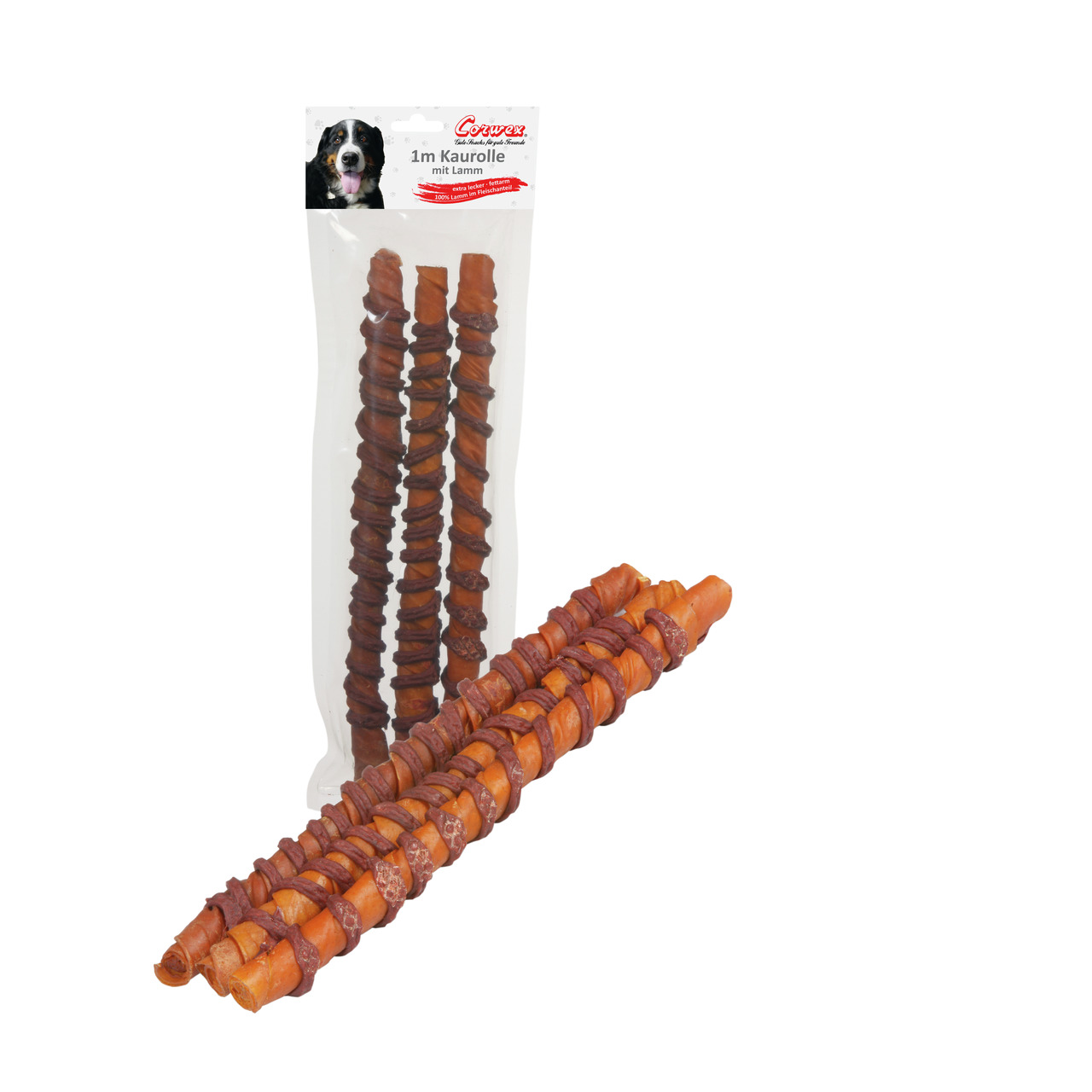 Corwex 1m Kaurolle Lamm, Kausnack für Hunde, schmackhafte & langanhaltende Beschäftigung, 1m Länge, in transparenter Verpackung.