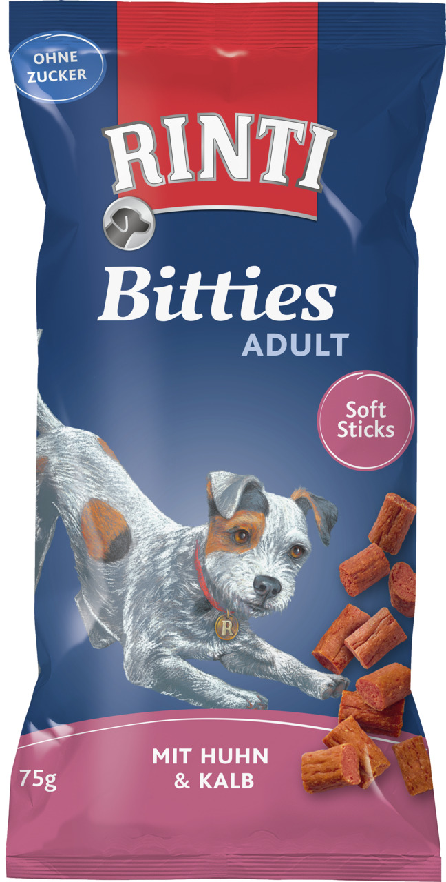 RINTI Bitties Adult Soft Sticks, Huhn & Kalb, für ausgewachsene Hunde, 75 g, „Ohne Zucker“, weiche Snacks.