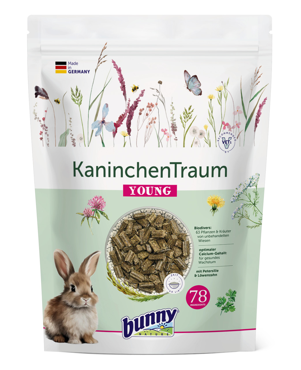 Bunny KaninchenTraum YOUNG: Premium-Futter für junge Kaninchen, 63 Pflanzen, Petersilie, Löwenzahn, optimal Ca-Gehalt, DE-Herstellung.
