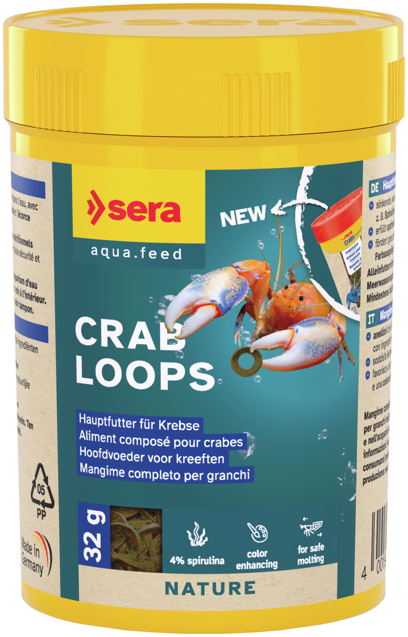 Sera Crab Loops, Hauptfutter f. Süß--Meerwasserkrebse, 4 % Spirulina, 32 g, fördert Farben & Häutung.