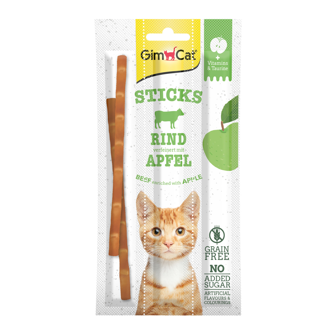 GimCat Sticks Rind+Apfel, Katzensnack m. Vitaminen+Taurin, getreidefrei, ohne Zucker+Zusätze, 3 Sticks.