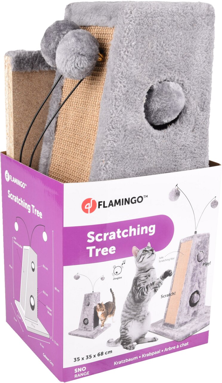 Flamingo Kratzbaum "Scratching Tree" für Katzen, grau, 35x35x68 cm, mit Jute-Kratzmatte & Spielbällen – ideal für aktive Stubentiger.