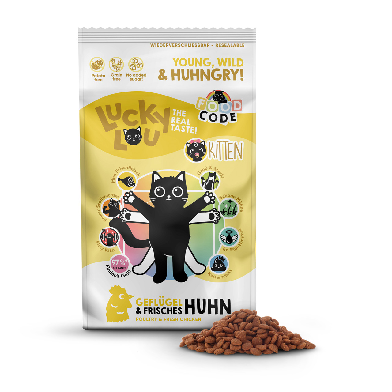 Das Bild zeigt eine Verpackung des Katzenfutters „Lucky Lou Kitten“ mit der Geschmacksrichtung Geflügel und frisches Huhn. Es ist speziell für junge Katzen (Kitten) entwickelt. Die Verpackung ist wiederverschließbar und enthält 97 % tierisches Protein. Si
