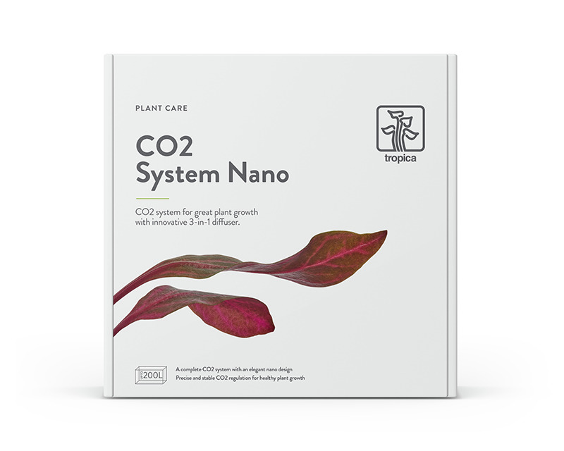 Tropica CO2 System Nano, Pflanzenpflege, CO2-System mit 3-in-1-Diffusor, gesundes Pflanzenwachstum, weißes Design, rote Blätter.
