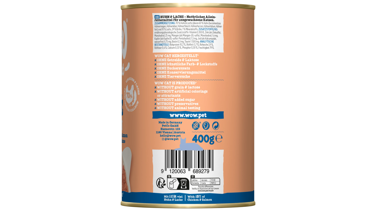 WOW CAT Huhn & Lachs, 400g, Alleinfutter f. erw. Katzen, getreidefrei, ohne künstl. Farb-/Lockstoffe, Zuckerzusatz & Tierversuche.