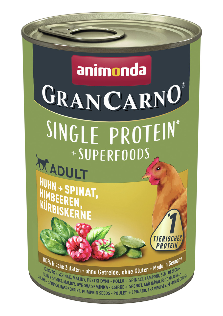 Animonda GranCarno Single Protein + Superfoods, Adult, Huhn mit Spinat, Himbeeren & Kürbiskernen, 100 % frisch, ohne Getreide, 400 g.