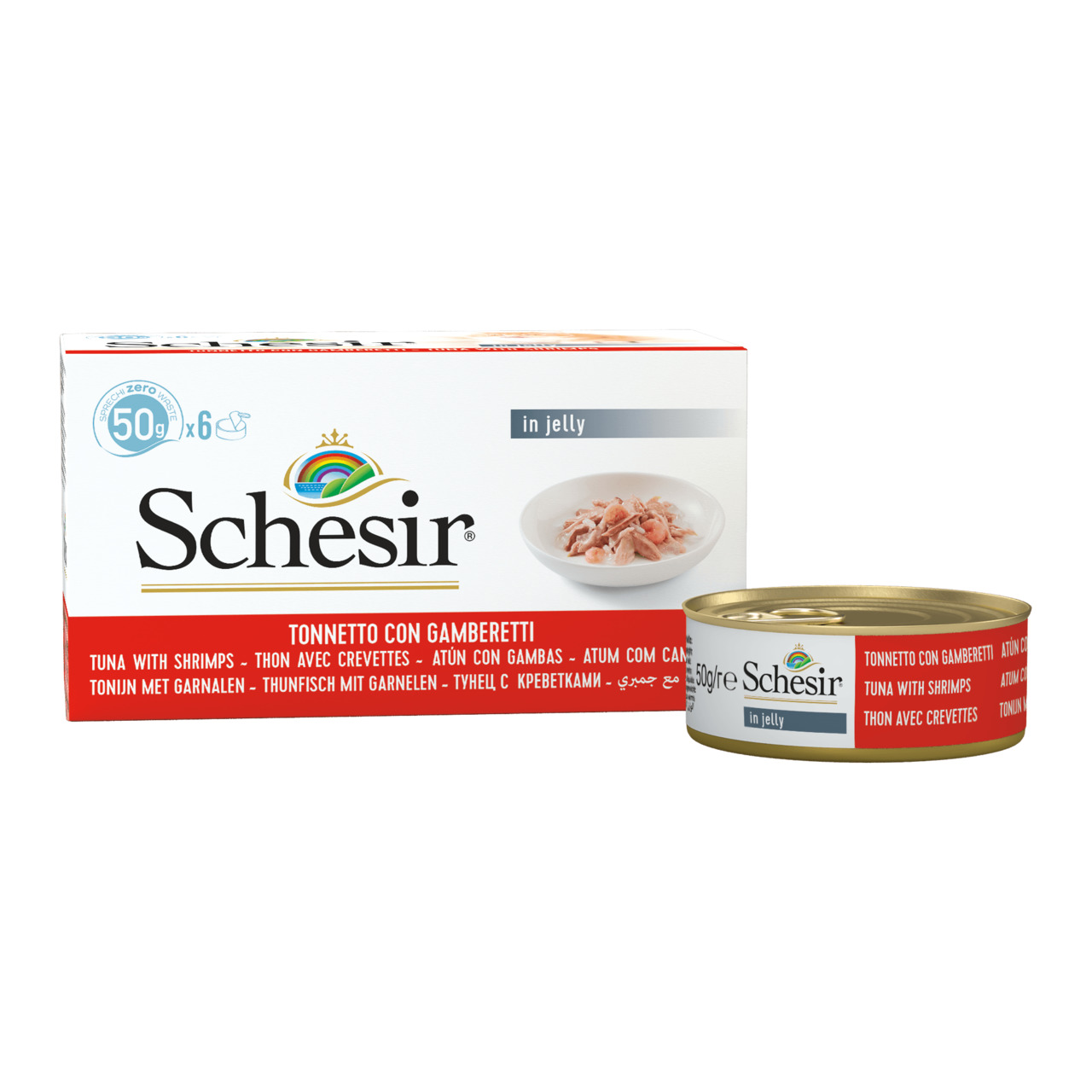 Sparpaket 8 x 6 x 50 g Schesir Adult Thunfisch mit Garnelen in Jelly Multipack Katzen Nassfutter