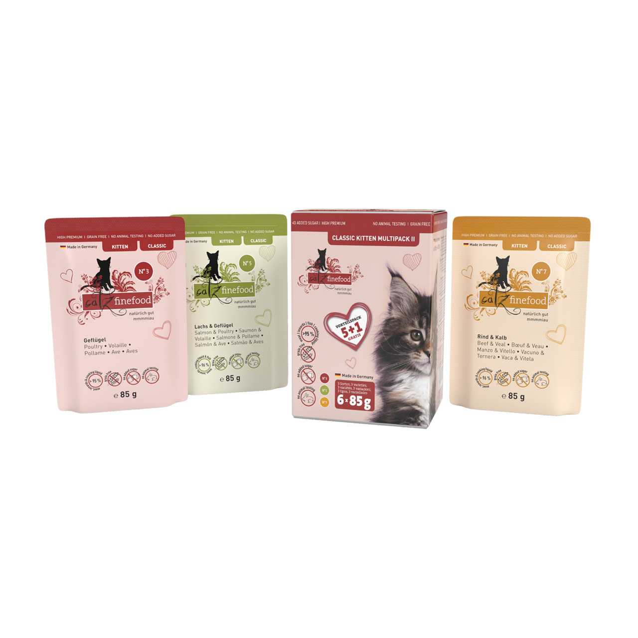 Catz finefood Classic Kitten Multipack II: Katzenfutter f. Kätzchen, 6x85g, Sorten Geflügel, Lachs & Geflügel, Rind & Kalb, getreidefrei.