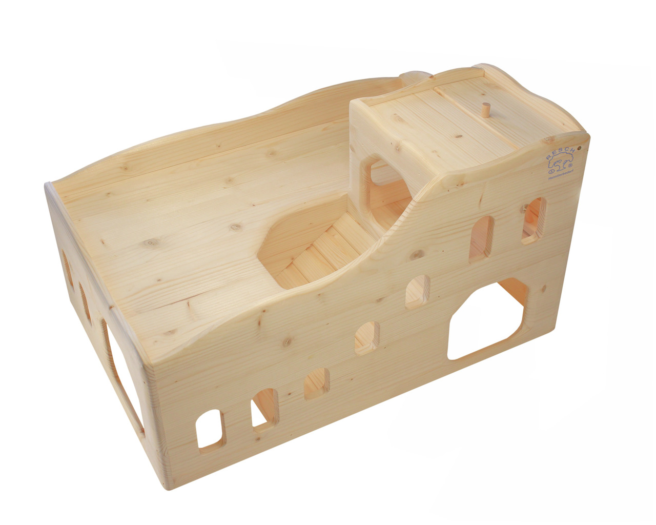 Holzhaus Resch für Nager (Hamster, Meerschweinchen, Kaninchen), unbehandelt, mit Eingängen, Fenster, Plattform. Maße siehe Bild.