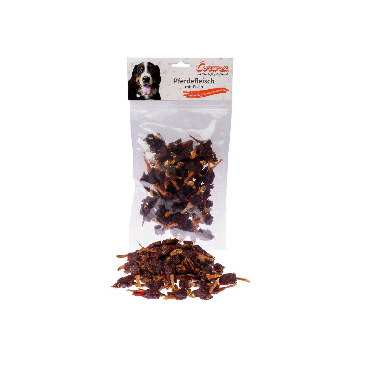 Corwex Hundesnack „Pferdefleisch mit Fisch“ für ausgewachsene Hunde, getrocknete Fleischstücke als Belohnung/Ergänzung.