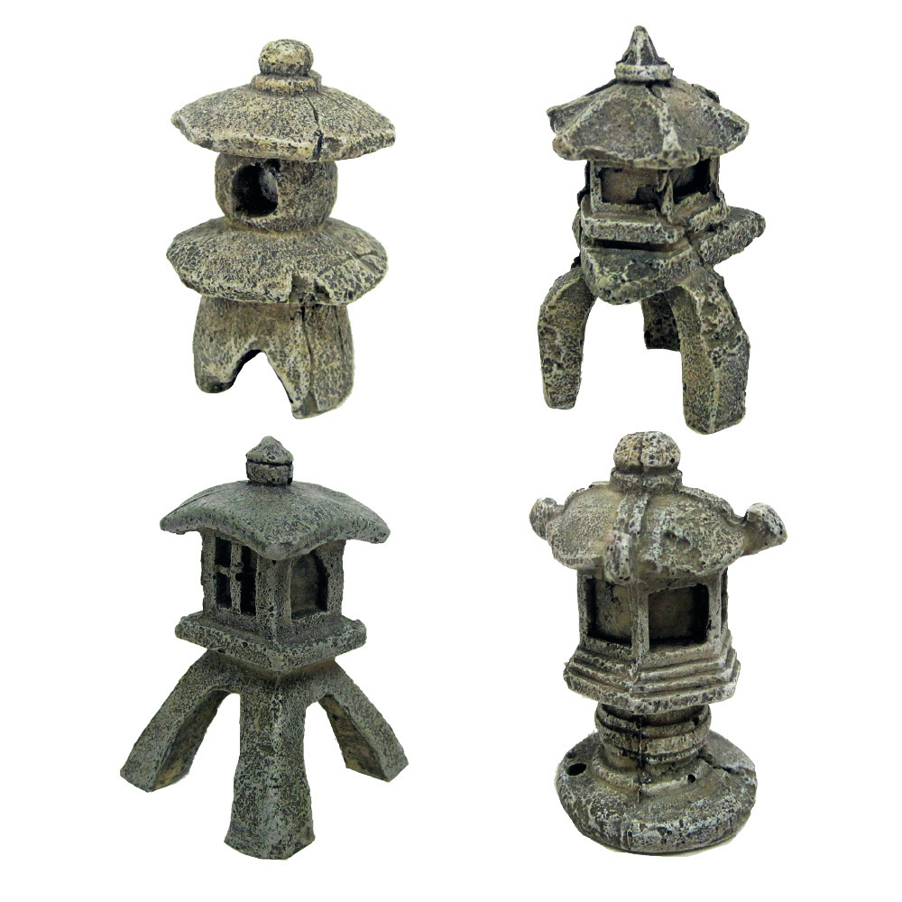 Amtra Aquarium-Ornamente, 4er-Set, graue Steinlaternen, ideal für Aquarienliebhaber, zen-inspirierte Unterwasserlandschaft.