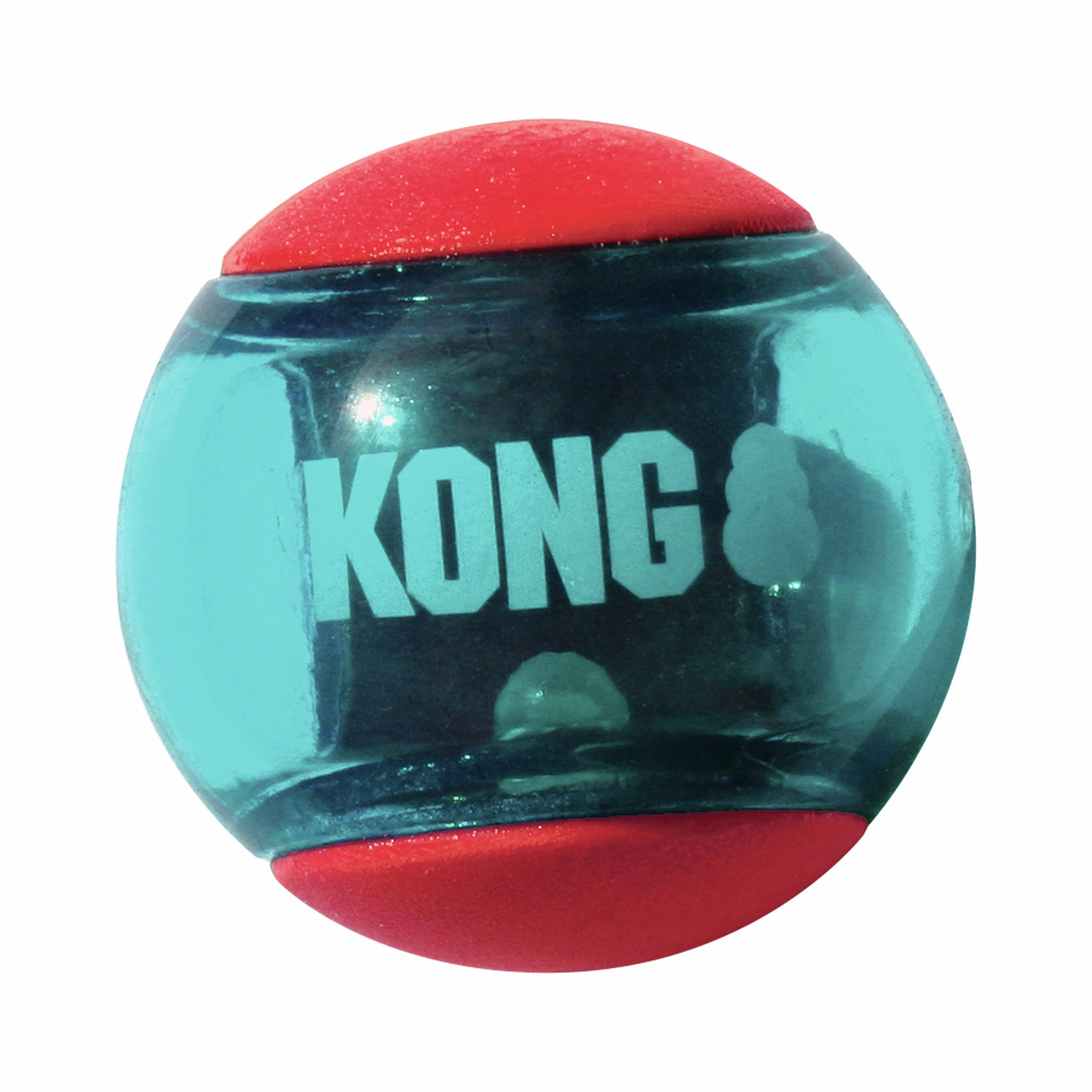 KONG Squeezz Ball, robustes Hundespielzeug, für alle Hundegrößen, mit Quietscher, blau-rot, strapazierfähig.