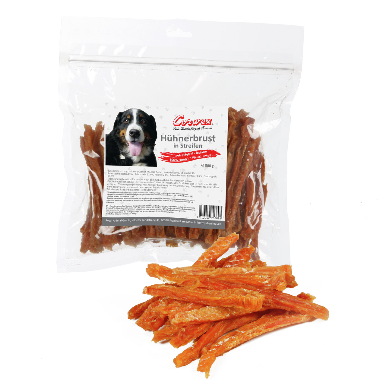 Corwex Hühnerbrust-Streifen, getreidefreie Hundesnacks aus 100 % Hühnerfleisch, 500 g, geeignet für Hunde.