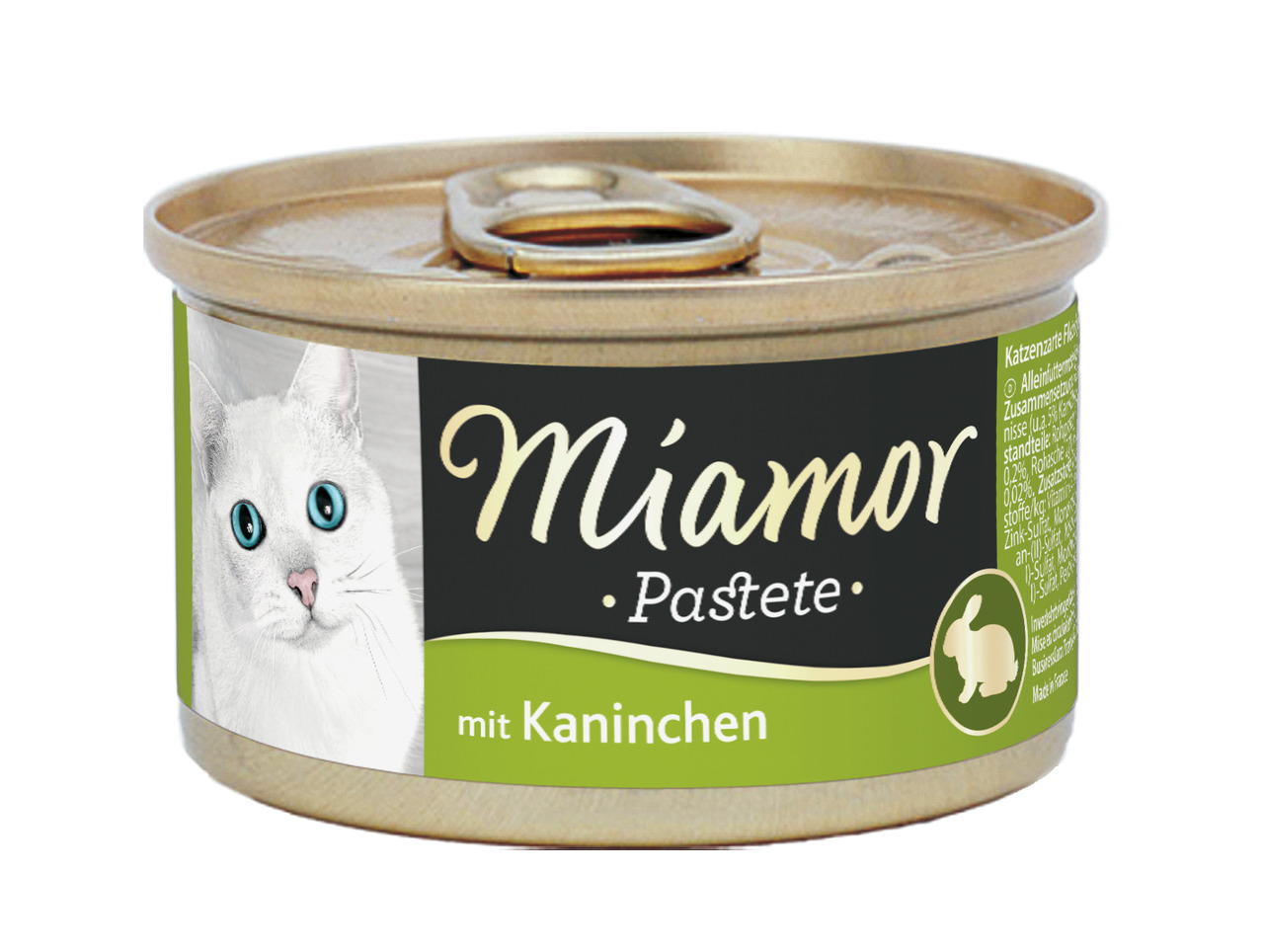 Miamor Pastete mit Kaninchen für Katzen, Geschmacksrichtung Kaninchen, weiße Dose mit Katzenkopf, Menge nicht erkennbar.