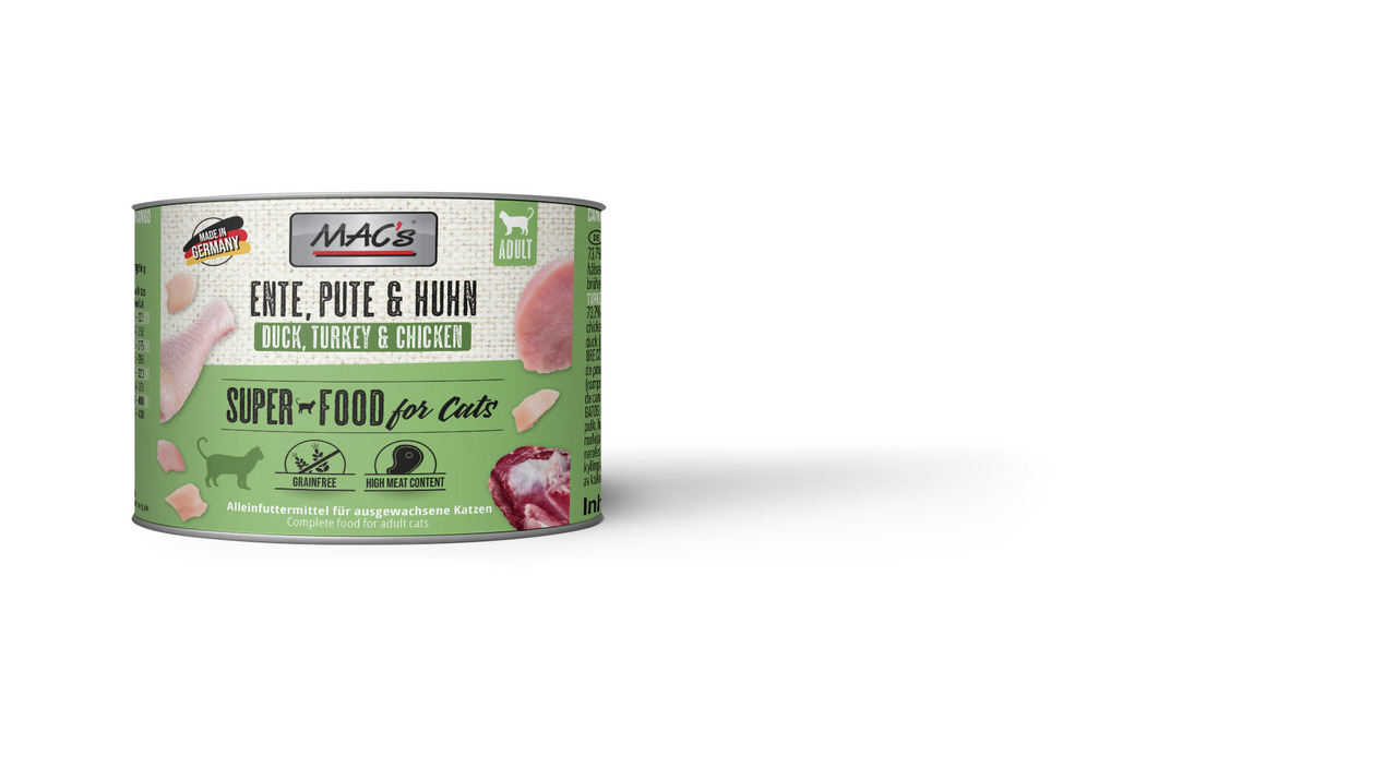 MAC's Ente, Pute & Huhn, 200 g, für ausgew. Katzen, getreidefreies Alleinfutter, hoher Fleischanteil, hergestellt in Deutschland.