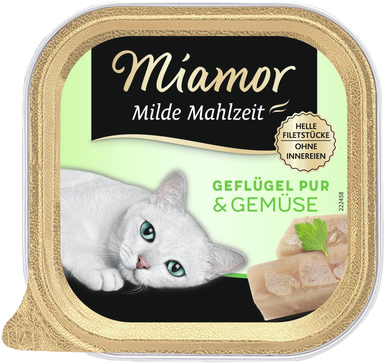 Das Bild zeigt eine Verpackung des Katzenfutters „Miamor Milde Mahlzeit“ mit der Geschmacksrichtung „Geflügel pur & Gemüse“. Die Zielgruppe sind Katzen. Auf der Verpackung steht „helle Filetstücke ohne Innereien“. Die Menge beträgt 100 g. Ein weißes Kätzc