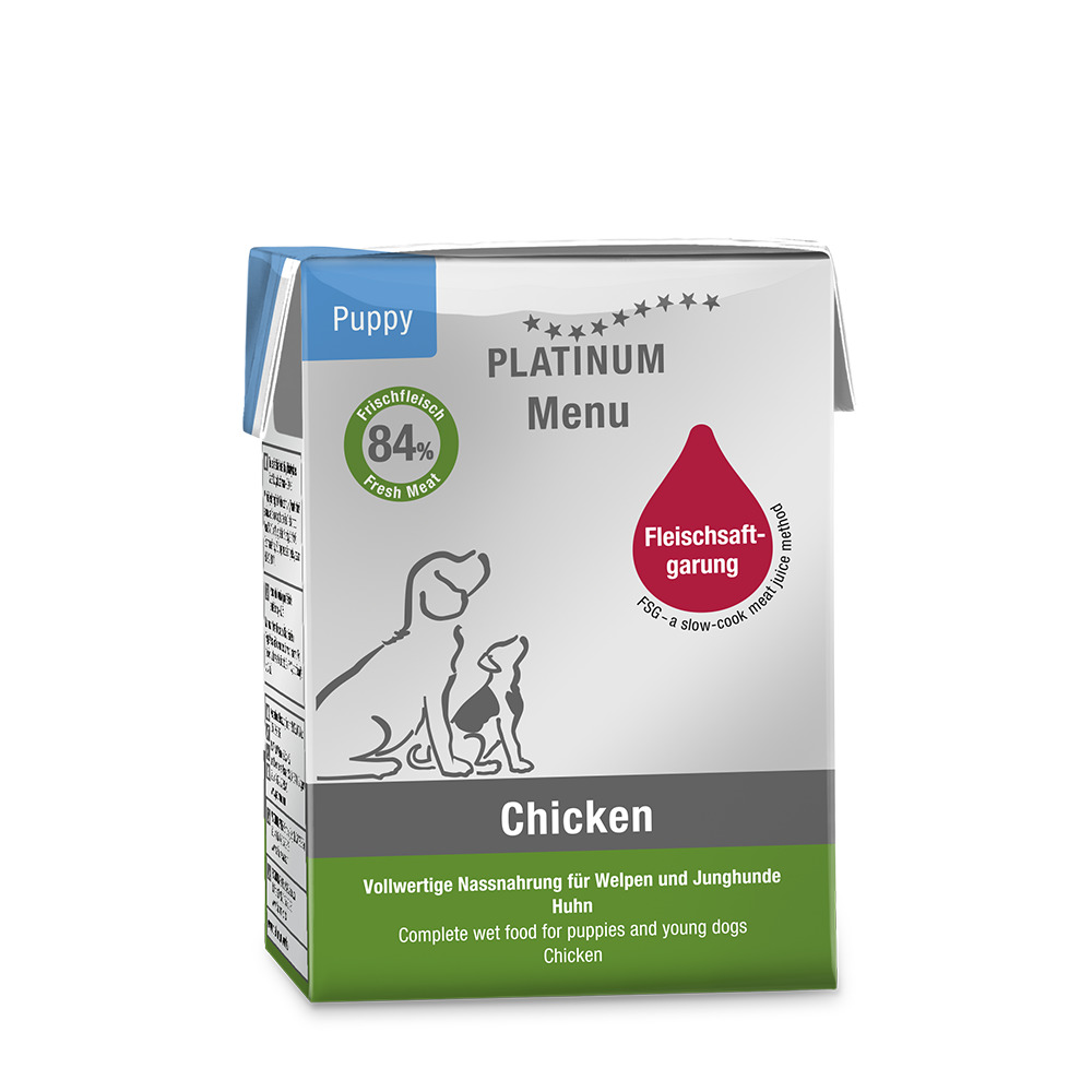 PLATINUM Menu Puppy Chicken, Nassfutter für Welpen-Junghunde, Huhn, 84 % Frischfleisch, Fleischsaftgarung, 375 g.