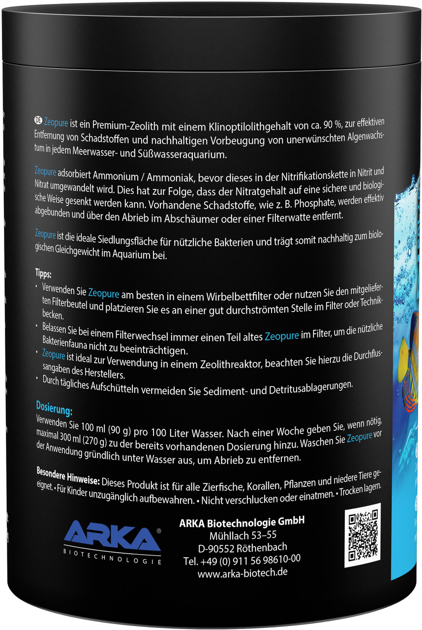 Das Bild zeigt eine schwarze Verpackung des Produkts „Zeopure“ von der Marke ARKA Biotechnologie. Es handelt sich um ein Premium-Zeolith mit einem Klinoptilolithgehalt von ca. 90 %, das für die Entfernung von Schadstoffen und die Vorbeugung von Algenwachs