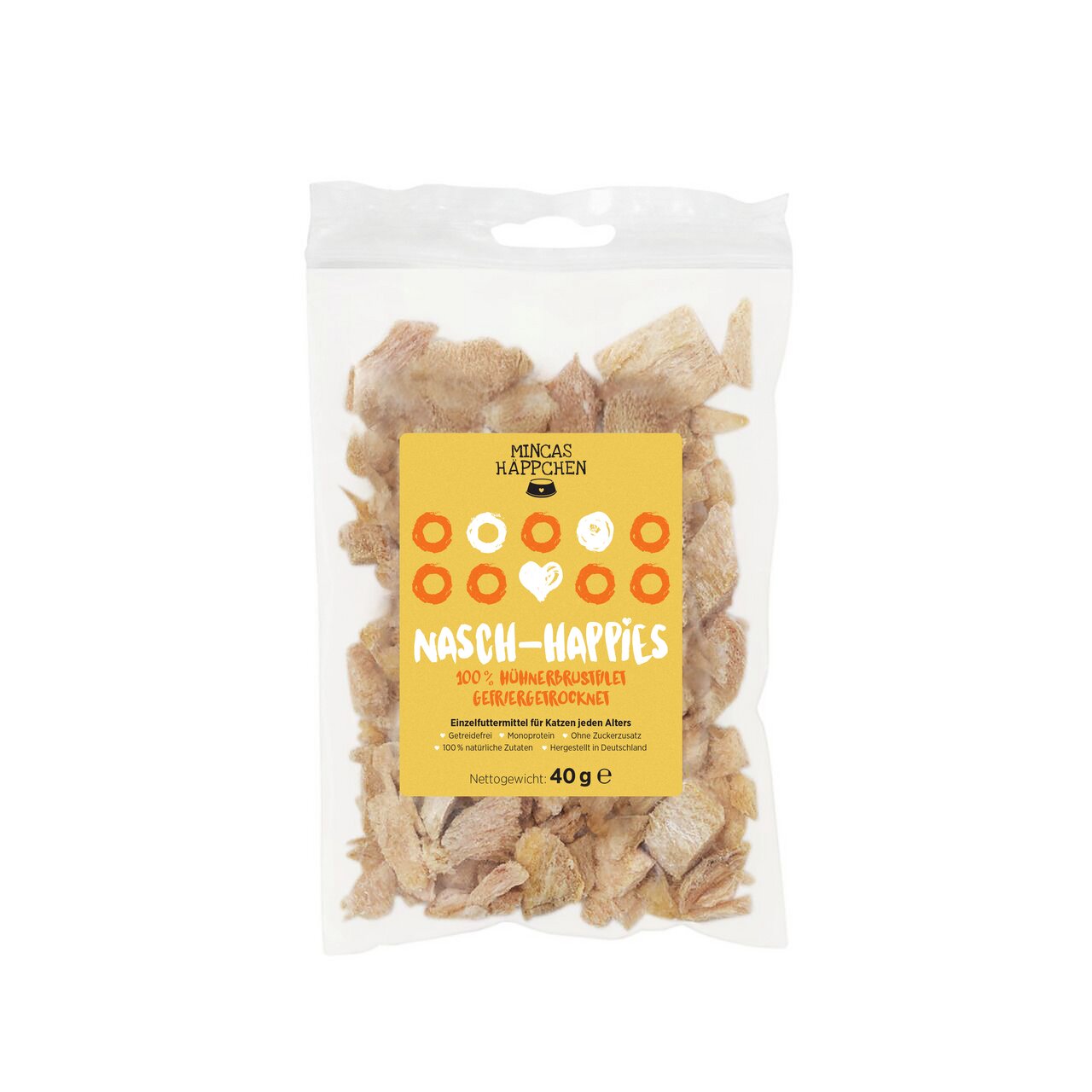 Mincas Häppchen Nasch-Happies, 100 % Hühnerbrust, Einzelfuttermittel für Katzen, ohne Zuckerzusatz, 40 g.
