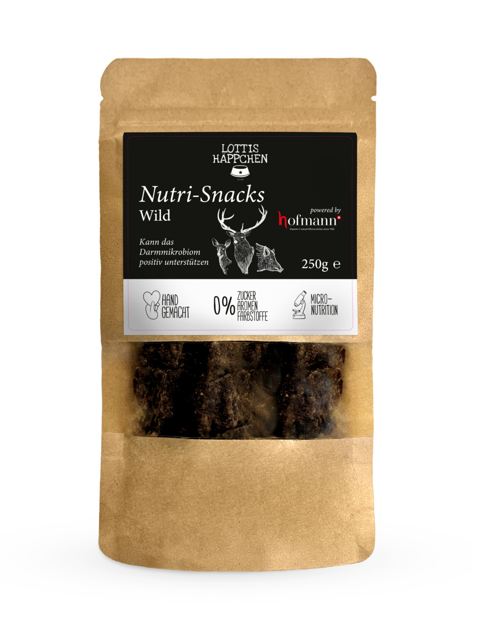 Das Bild zeigt eine braune Verpackung des Produkts „Nutri-Snacks Wild“ von der Marke Lottis Häppchen, geeignet für Hunde. Die Snacks bestehen aus Wildfleisch, sind handgemacht und enthalten keine Zuckerzusätze, Aromen oder Farbstoffe. Die Verpackung hat e