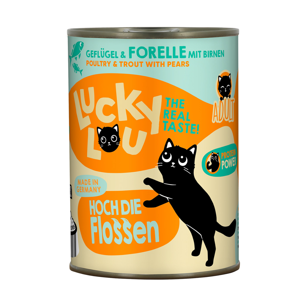 Lucky Lou Katzenfutter Geflügel & Forelle mit Birnen, Adult, „Hoch die Flossen“, „Protein Power“, 400 g, hergestellt in Deutschland.