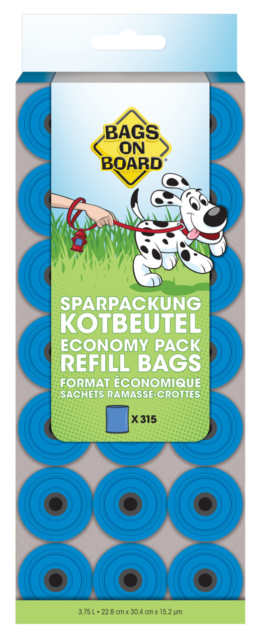 Bags On Board Sparpackung Kotbeutel, Hundebesitzer, 315 blaue Rollen, Nachfüllfunktion, Maße: 3,75 l, 22,8x30,4 cm, 15,2 µm.