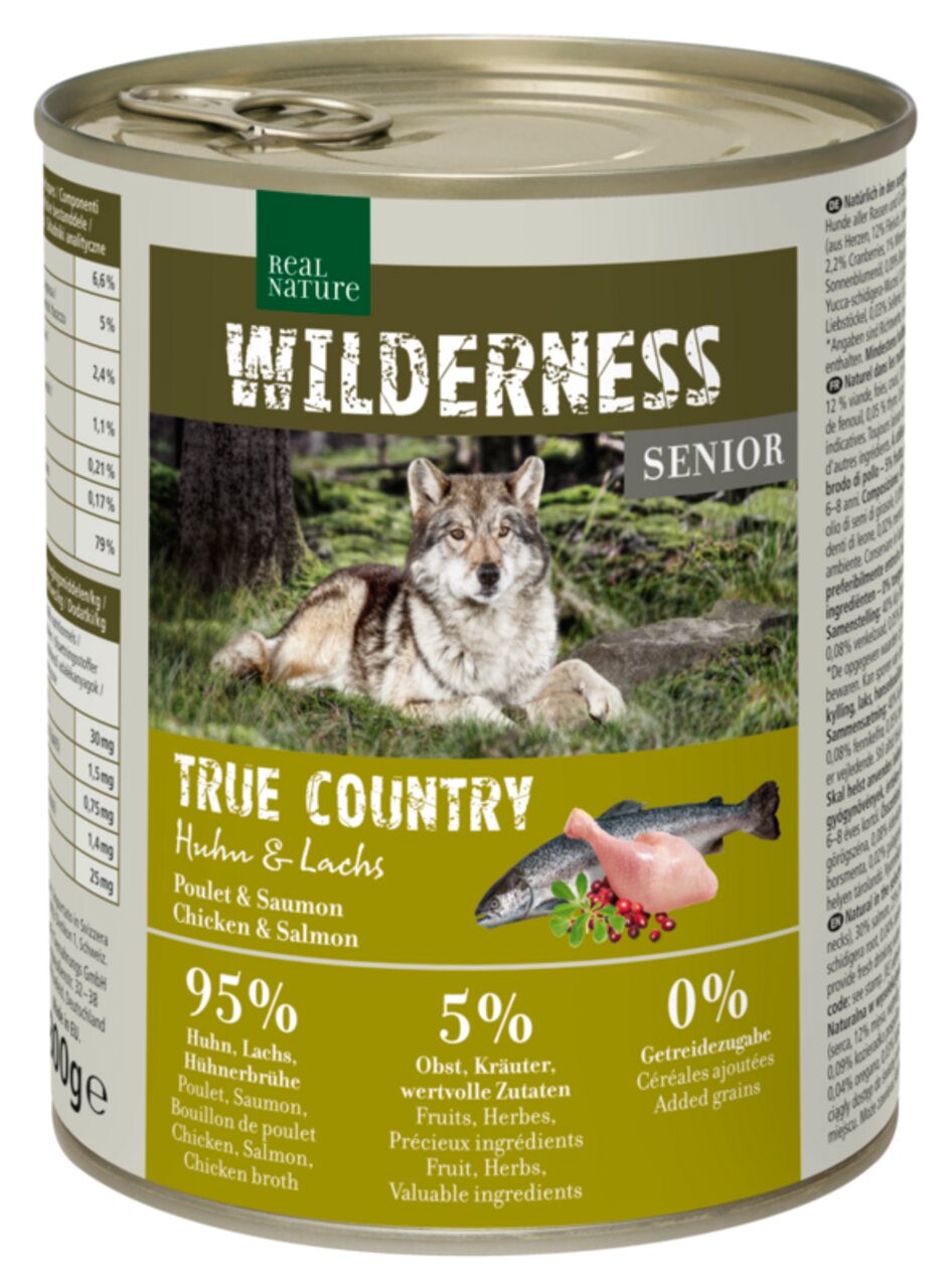 REAL NATURE WILDERNESS Senior True Country, 400 g, für ältere Hunde, Huhn & Lachs, 95 % Fleisch, 0 % Getreide, Wolf in Waldlandschaft.
