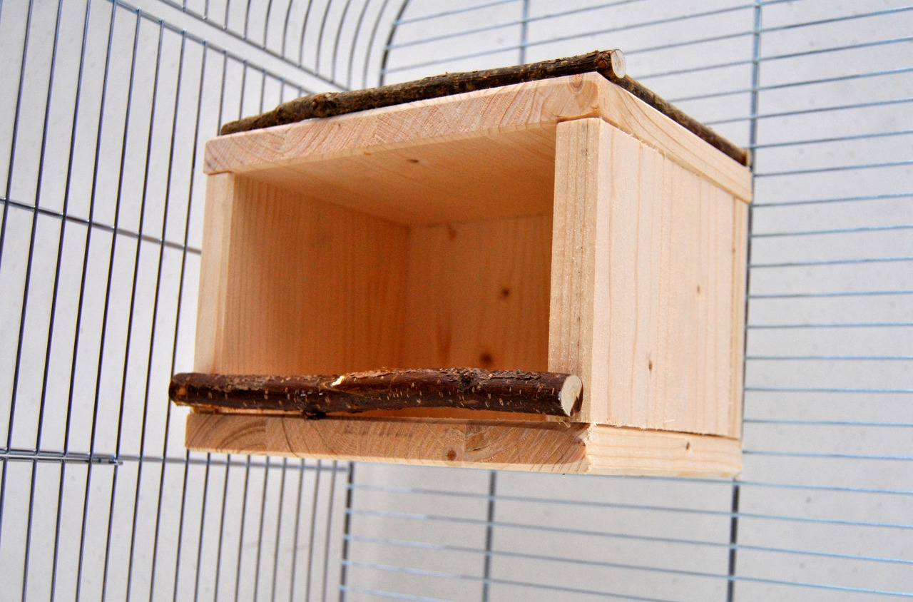 Ollesch Nistkasten für Wellensittiche/Kanarienvögel, Holz, Sitzstangen aus Ästen, rechteckig, offen, ideal für Brutzeit.