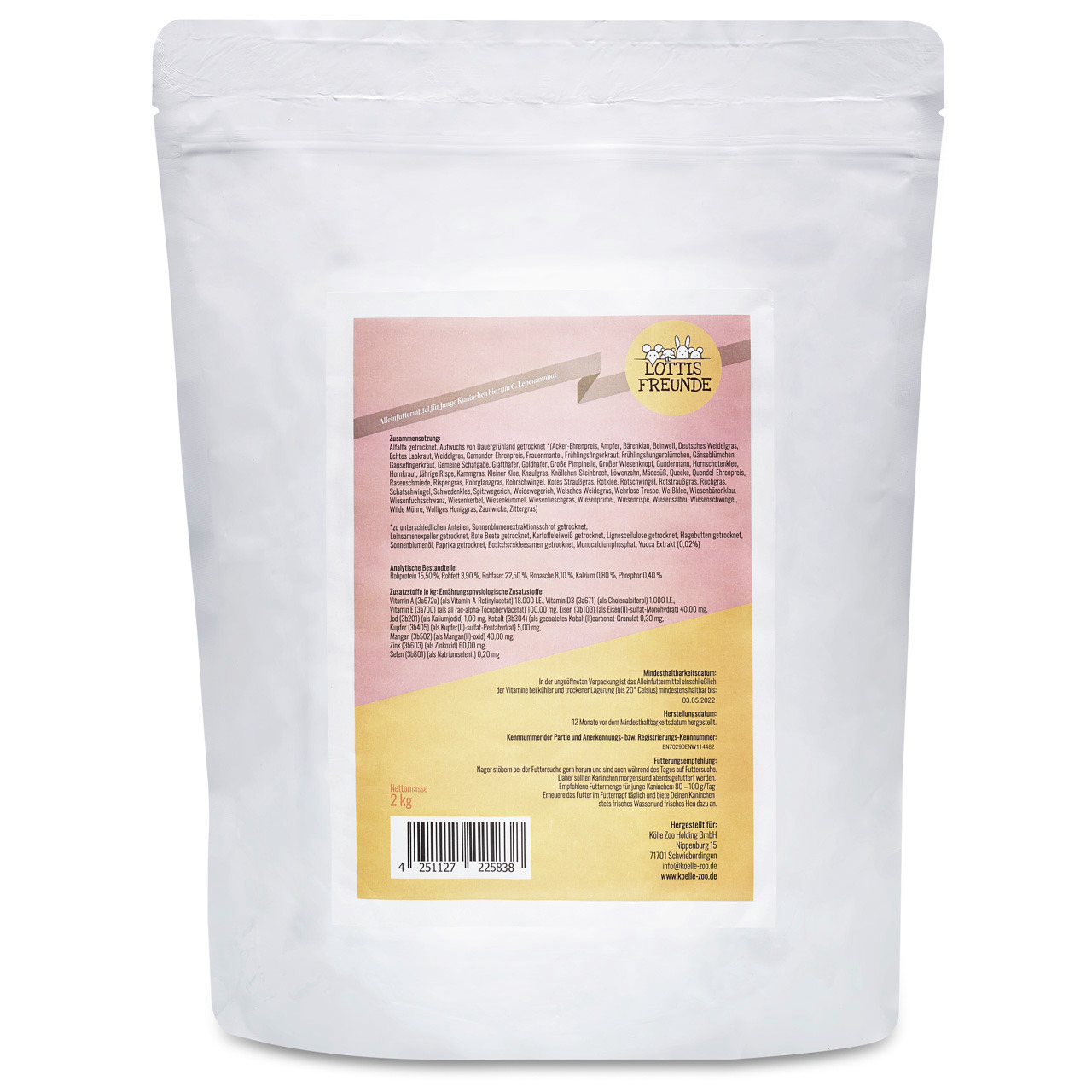 Lottis Freunde Trockenfutter für Hunde, 2 kg, hochwertig, weiße Verpackung, mit Inhaltsstoffen & Fütterungsempfehlungen.