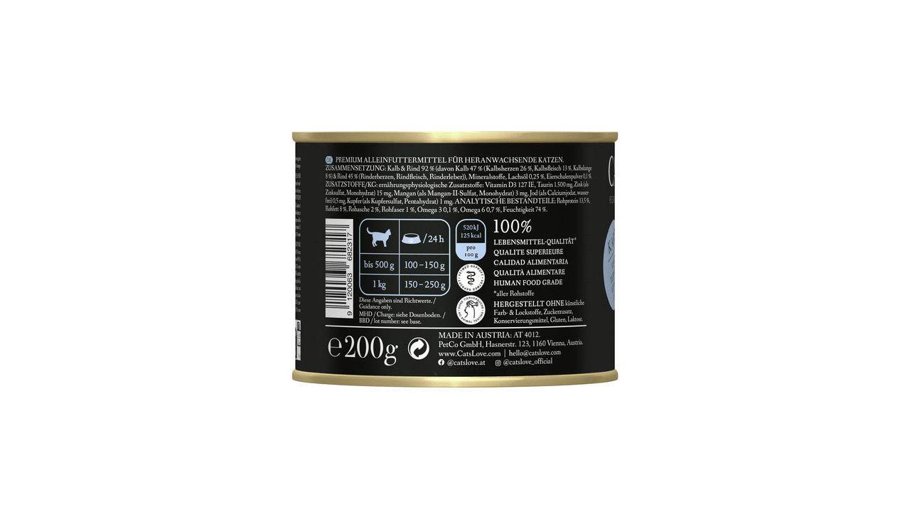 Das Bild zeigt eine 200g-Dose des Premium-Katzenfutters „Cat's Love“ für ausgewachsene Katzen. Die Geschmacksrichtung ist Rind, und das Produkt wird als „Lebensmittelqualität“ beworben. Es enthält keine künstlichen Zusätze, Getreide oder Gluten. Hergestel