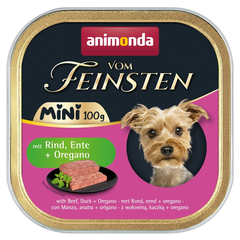 animonda Vom Feinsten Mini, Nassfutter für kleine Hunde, Rind, Ente & Oregano, 100 g, mit Serviervorschlag.