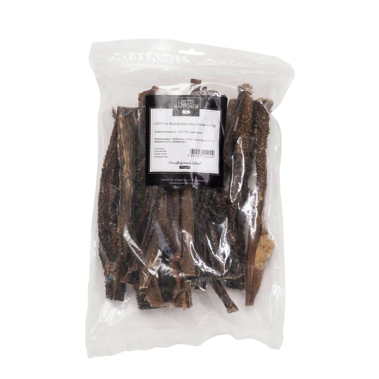 Lottis Häppchen Rinderpansen für Hunde, 100 % Rinderpansen, 500 g, getrocknet, in transparenter Verpackung mit Inhaltsangaben.